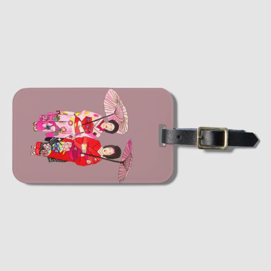 Japanische niedliche Geisha mit rosa Kimono Gepäckanhänger (Vorderseite (Horizontal))