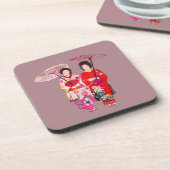 Japanische niedliche Geisha mit rosa Kimono Getränkeuntersetzer (Linke Seite)