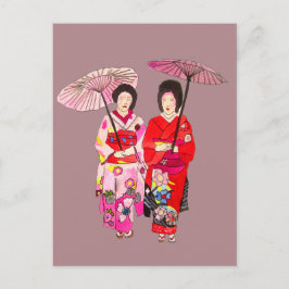 Japanische niedliche Geisha mit rosa Kimono Postkarte