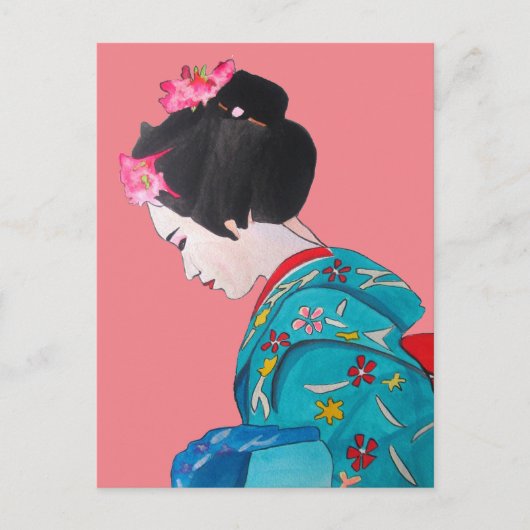 Japanische niedliche Geisha mit rosa Kirschblüte Postkarte (Vorderseite)
