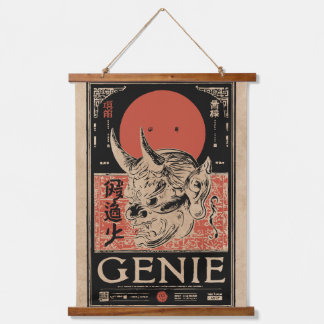 Japanische Oni-Masken-Kunst | Wabi Sabi Genie-Desi Wandteppich Mit Holzrahmen