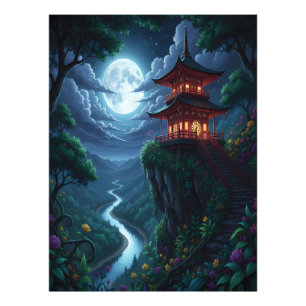 Japanische Pagode im Mondlicht auf einer Klippe Fotodruck