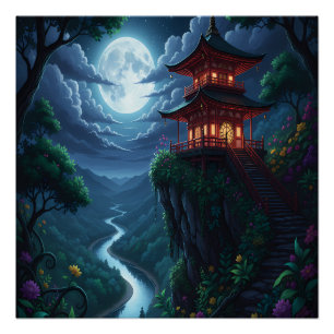 Japanische Pagode im Mondlicht auf einer Klippe Poster