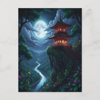 Japanische Pagode im Mondlicht auf einer Klippe Postkarte