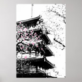 Japanische Pagode schwarz/weiß mit Kirschblüten Poster (Vorne)