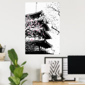 Japanische Pagode schwarz/weiß mit Kirschblüten Poster (Heimbüro)