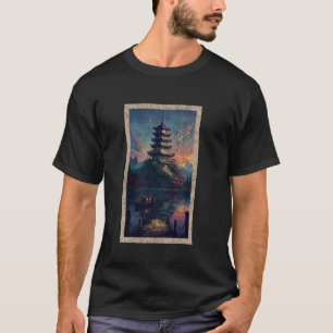 Japanische Pagodenlandschaft Retro Vintage Grafik T-Shirt