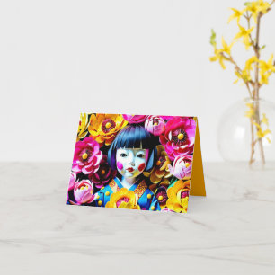 Japanische Puppe mit Pfingstrosen Origami 3HGC Karte