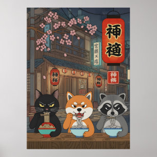 Japanische Ramen-Katze Hund Waschbär Tier Kunst Nu Poster