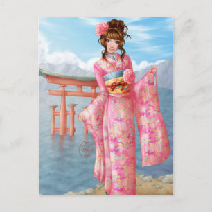 Japanische Rosa Kimono Postkarte