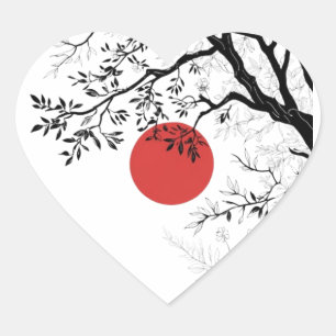 Japanische rote Sonne & Pinselbaum-Kunst Herz-Aufkleber
