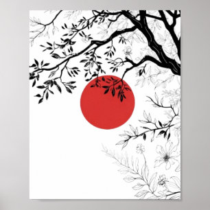 Japanische rote Sonne & Pinselbaum-Kunst Poster