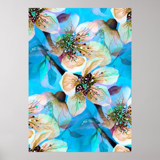 Japanische Sakura Kirschbaum Blume in Aqua Blue Poster (Vorne)