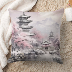 Japanische Sakura Tree Pagode und Bridge Pink Gray Kissen