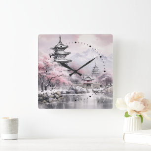 Japanische Sakura Tree Pagode und Bridge Pink Gray Quadratische Wanduhr