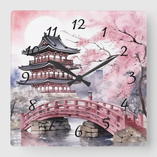 Japanische Sakura Tree Pagode und Bridge Pink Gray Quadratische Wanduhr (Vorderseite)