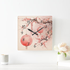 Japanische Sakura Tree und Lanterns Quadratische Wanduhr