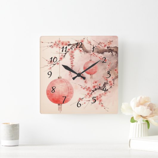 Japanische Sakura Tree und Lanterns Quadratische Wanduhr (Zuhause)