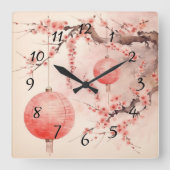 Japanische Sakura Tree und Lanterns Quadratische Wanduhr (Vorderseite)