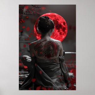 Japanische Samurai-Frau mit Tattoo unter dem Vollm Poster
