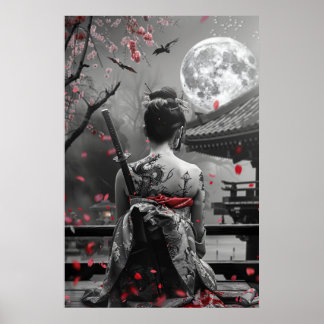 Japanische Samurai-Frau mit Tattoo unter dem Vollm Poster