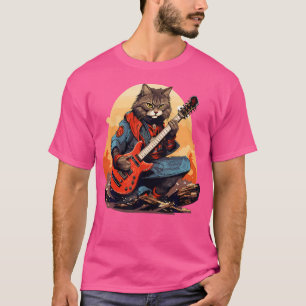 Japanische Samurai-Katze, die die elektrische Gita T-Shirt
