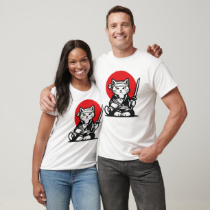 Japanische Samurai-Katze Katana-Schwert Rote Sonne T-Shirt