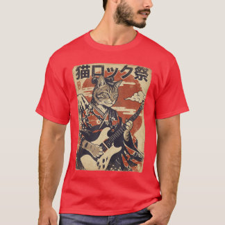 Japanische Samurai-Katze spielt elektrische Gitarr T-Shirt