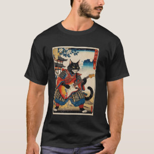 Japanische Samurai-Katze spielt elektrische Gitarr T-Shirt