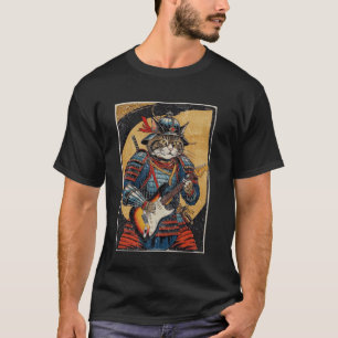Japanische Samurai-Katze spielt elektrische Gitarr T-Shirt