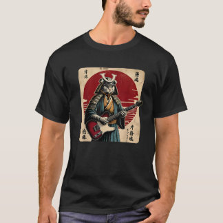 Japanische Samurai-Katze spielt elektrische Gitarr T-Shirt
