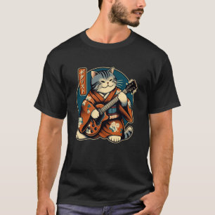 Japanische Samurai-Katze spielt elektrische Gitarr T-Shirt