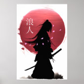 Japanische Samurai-Kriegerin auf roter Sonne Poster (Vorne)
