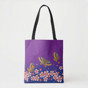 Japanische Schmetterlinge Amid Sakura Blüten Lila Tasche