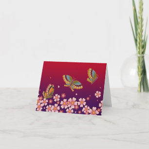 Japanische Schmetterlinge Amid Sakura Blüten Rot