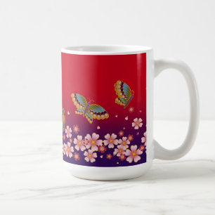 Japanische Schmetterlinge Amid Sakura Blüten Rot Kaffeetasse