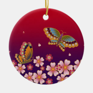 Japanische Schmetterlinge Amid Sakura Blüten Rot Keramik Ornament