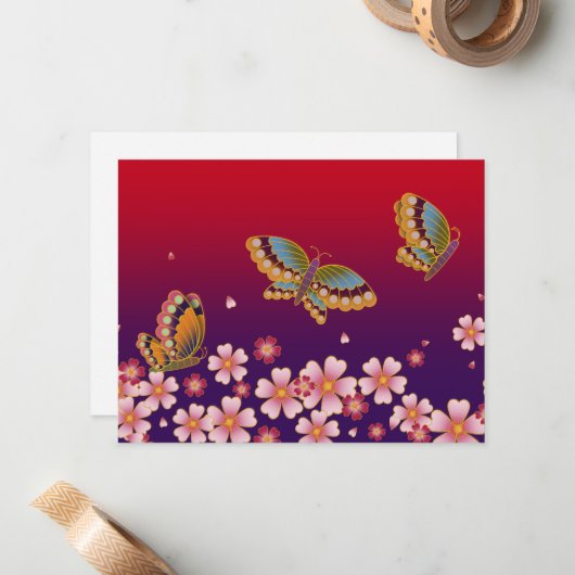 Japanische Schmetterlinge Amid Sakura Blüten Rot Mitteilungskarte (Vorderseite/Rückseite Beispiel)