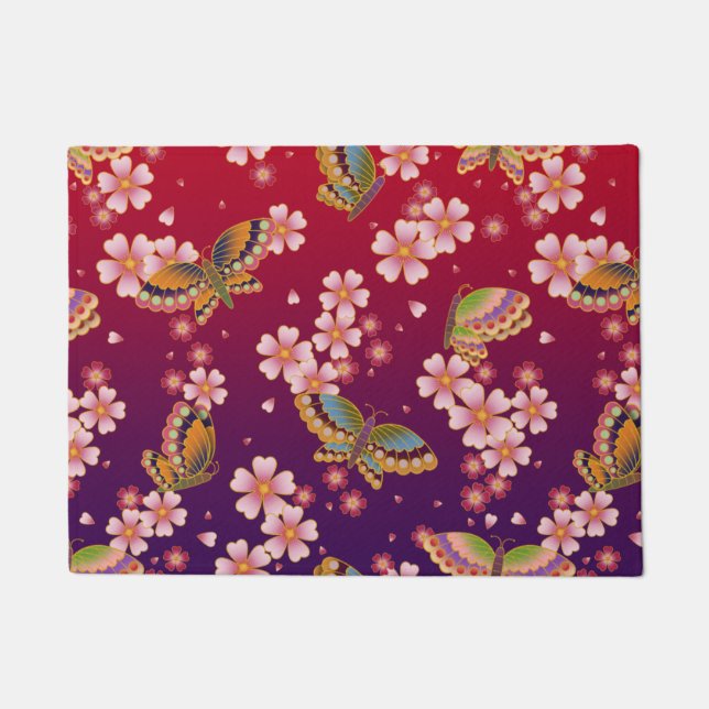 Japanische Schmetterlinge Mitte Sakura blühen rot Fußmatte (Vorderseite)