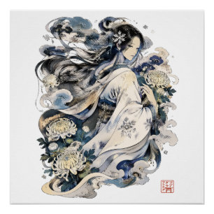 Japanische Schneefrau Kunst Winter Yokai im Kimo Poster