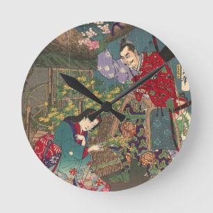 Japanische schöne Geisha-Samurai-Kunst Runde Wanduhr