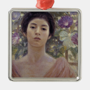 Japanische Schönheit mit Lila Blume der Morgenherr Ornament Aus Metall