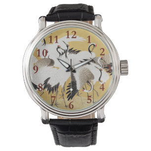 Japanische Schwarmkraniche Vintage-Vogel Reich Kla Armbanduhr