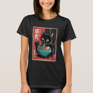 Japanische schwarze Katze isst Ramen Katzenfutter  T-Shirt