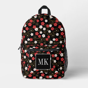 Japanische Schwarze Sakura-Blossom-Monogramm-Initi Bedruckter Rucksack