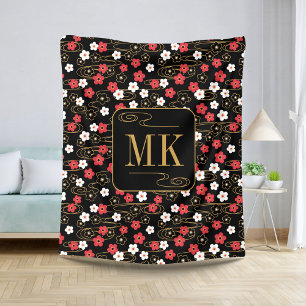 Japanische Schwarze Sakura-Blossom-Monogramm-Initi Sherpadecke