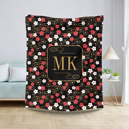 Japanische Schwarze Sakura-Blossom-Monogramm-Initi Sherpadecke
