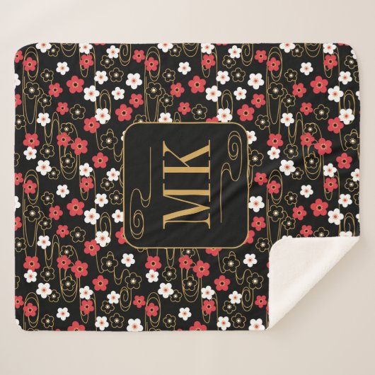 Japanische Schwarze Sakura-Blossom-Monogramm-Initi Sherpadecke (Vorderseite (Horizontal))