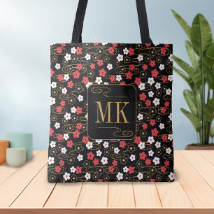 Japanische Schwarze Sakura-Blossom-Monogramm-Initi Tasche