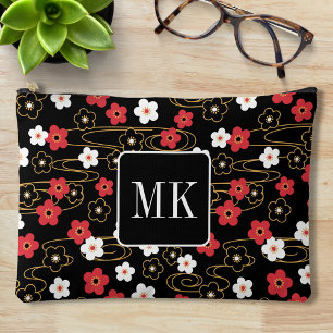 Japanische Schwarze Sakura-Blossom-Monogramm-Initi Zubehörtasche